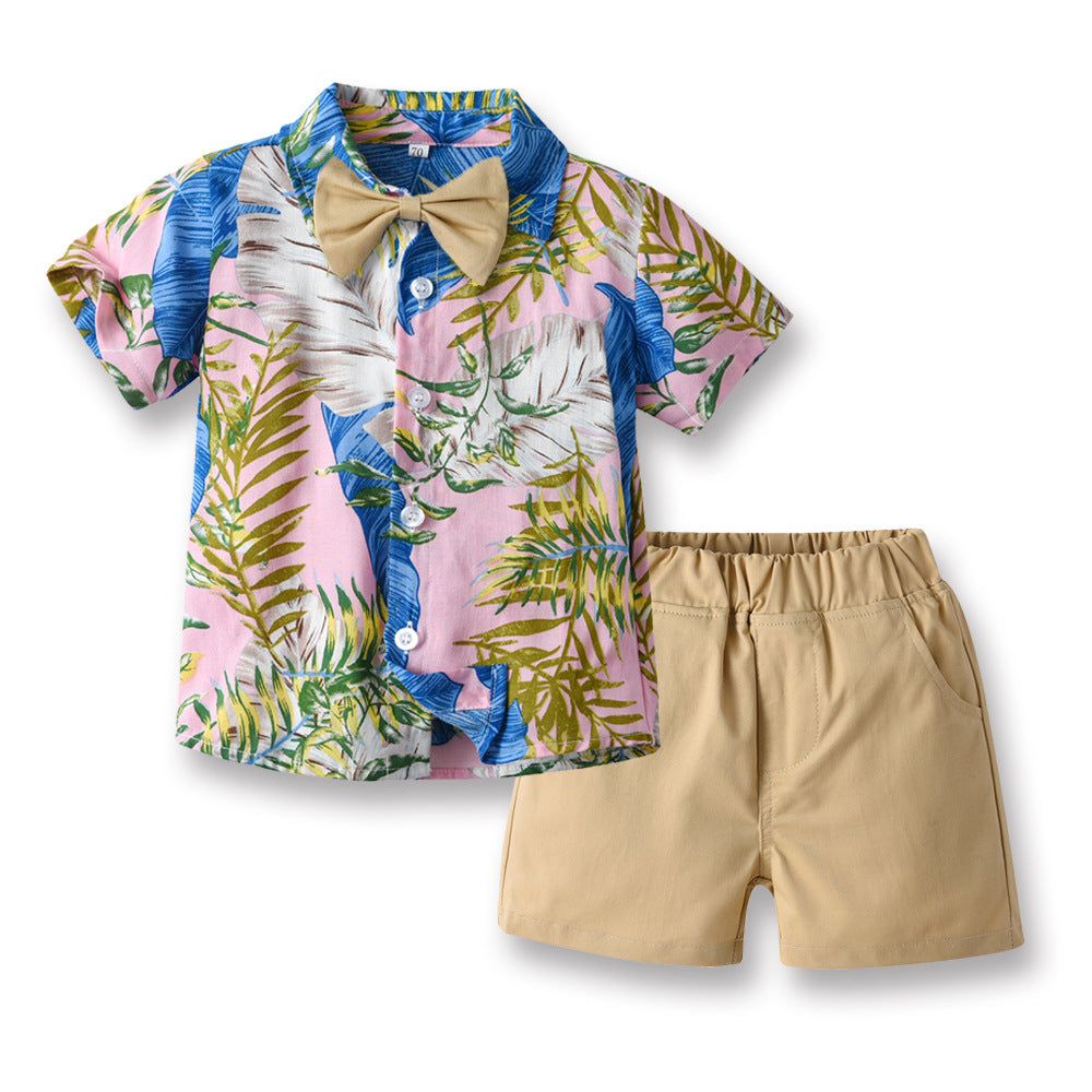 2 Pieces Set Baby Kid Boys Flower Print T-Shirts And Solid Color Shorts Wholesale 230411152