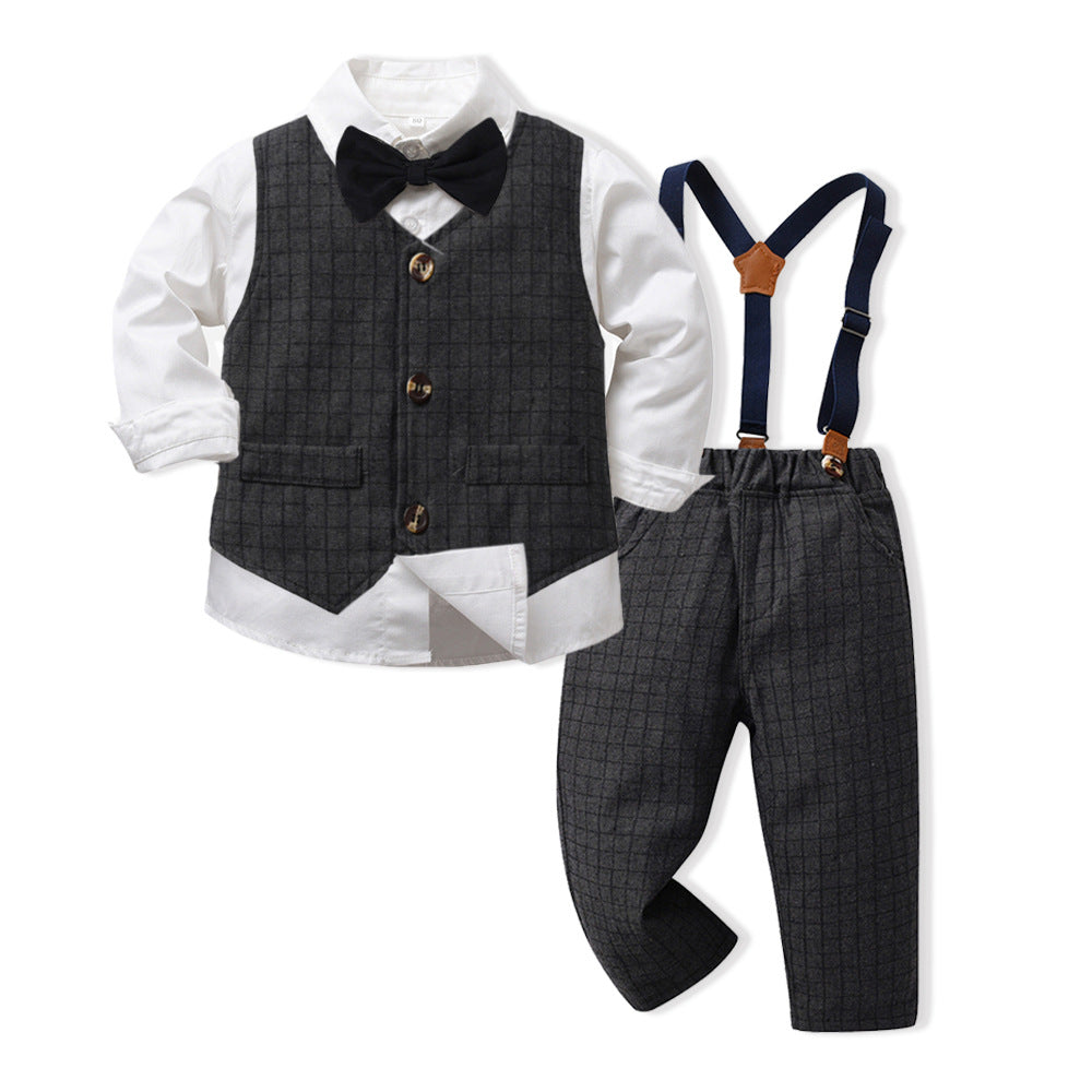 3 Pieces Set Baby Kid Boys Birthday Party Solid Color Bow Shirts And Checked Vests Waistcoats And Jumpsuits Wholesale 230411153
