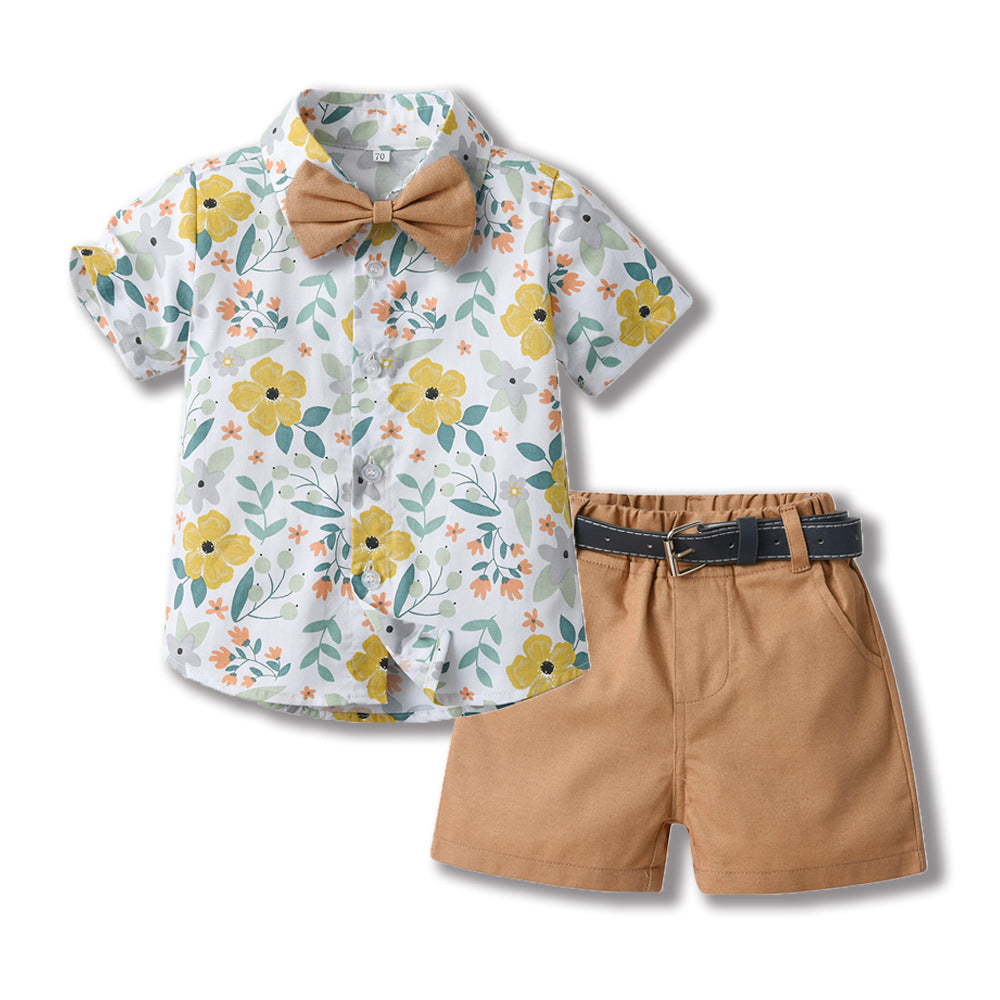 2 Pieces Set Baby Kid Boys Flower Print Shirts And Solid Color Shorts Wholesale 230411163