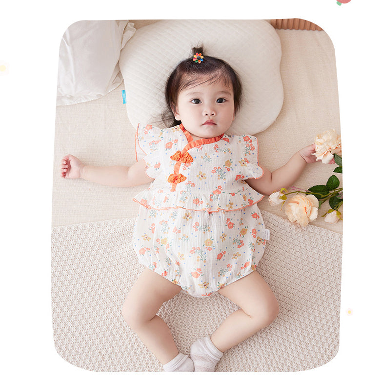 Baby Girls Flower Bow Print Rompers Wholesale 230411168