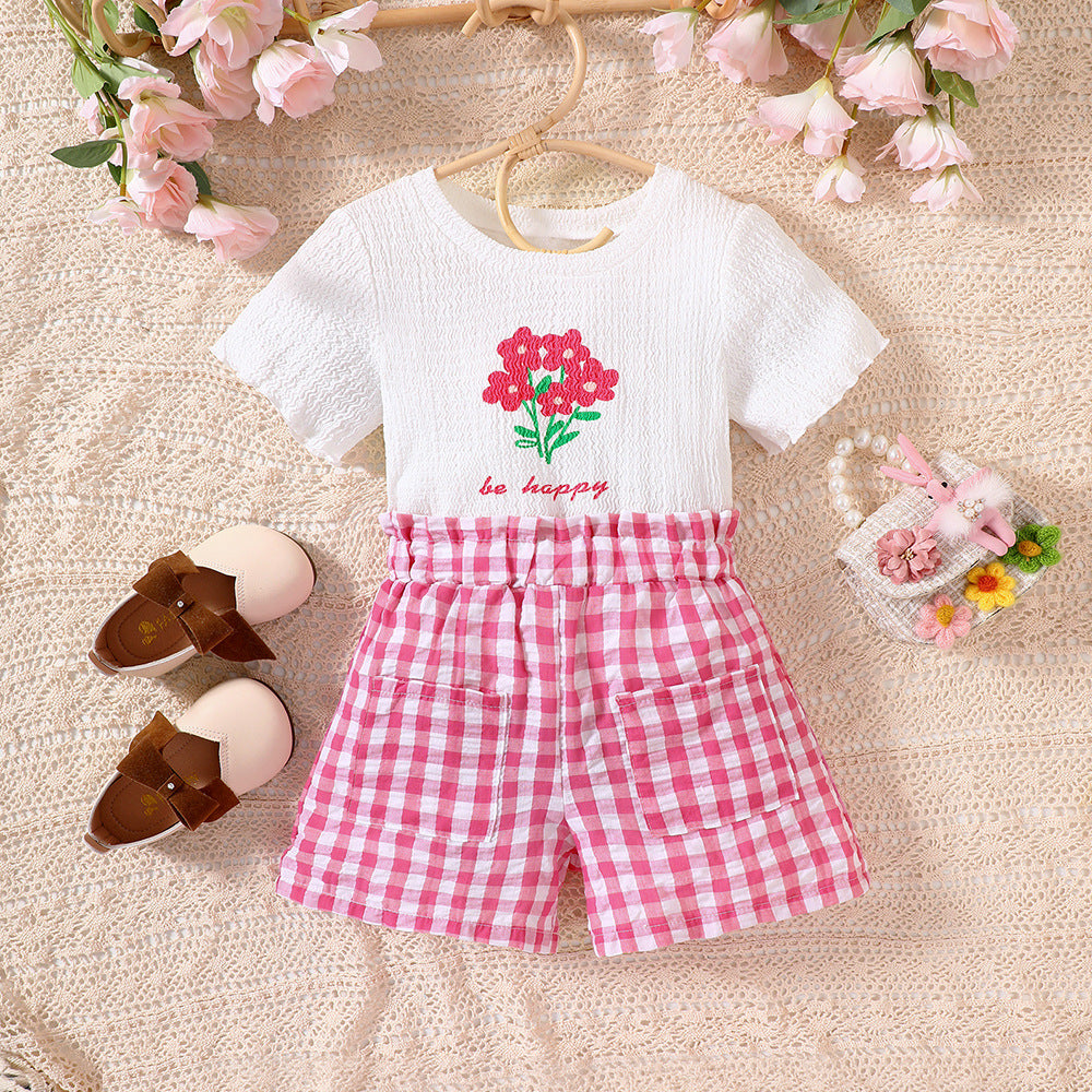 2 Pieces Set Baby Kid Girls Flower Print Tops And Checked Shorts Wholesale 230411217