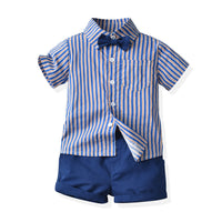 Load image into Gallery viewer, 2 Pieces Set Baby Kid Boys Striped Bow Shirts And Solid Color Shorts Wholesale 230411236
