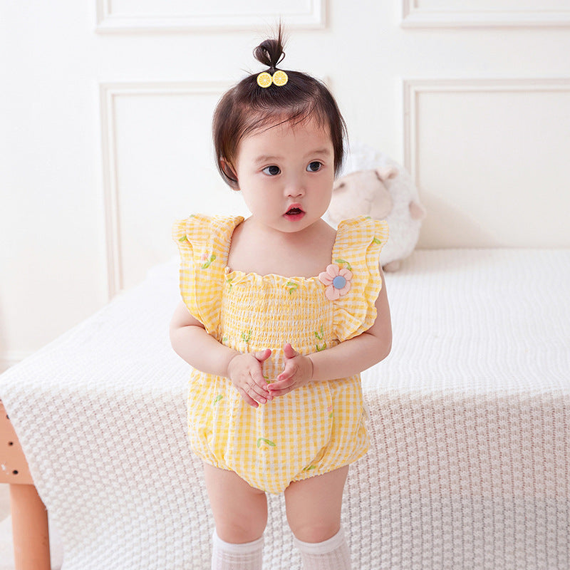 Baby Girls Flower Checked Rompers Wholesale 230411238