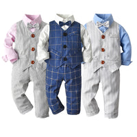 Load image into Gallery viewer, 3 Pieces Set Baby Kid Boys Birthday Party Solid Color Bow Shirts And Striped Checked Vests Waistcoats And Pants Wholesale 23041127
