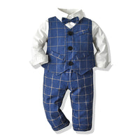 Load image into Gallery viewer, 3 Pieces Set Baby Kid Boys Birthday Party Solid Color Bow Shirts And Striped Checked Vests Waistcoats And Pants Wholesale 23041127
