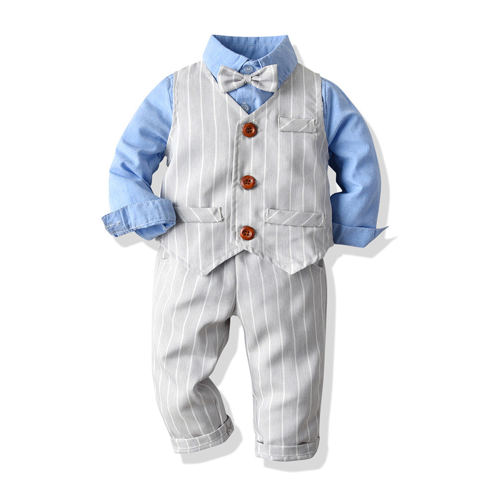 3 Pieces Set Baby Kid Boys Birthday Party Solid Color Bow Shirts And Striped Checked Vests Waistcoats And Pants Wholesale 23041127