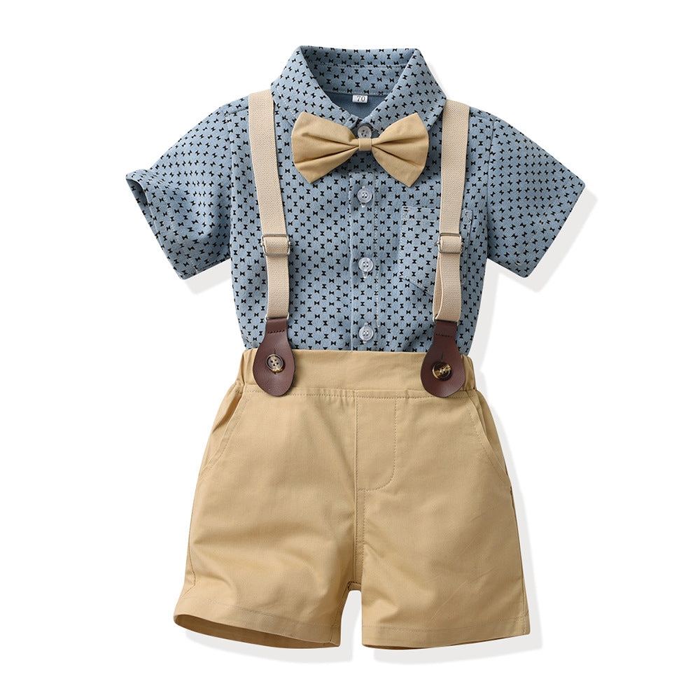 2 Pieces Set Baby Kid Boys Bow Print Shirts And Solid Color Shorts Suits Wholesale 230411272