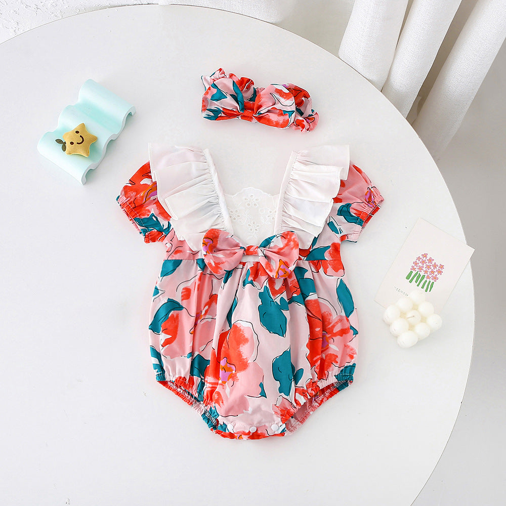 Baby Girls Flower Bow Print Rompers Wholesale 230411278