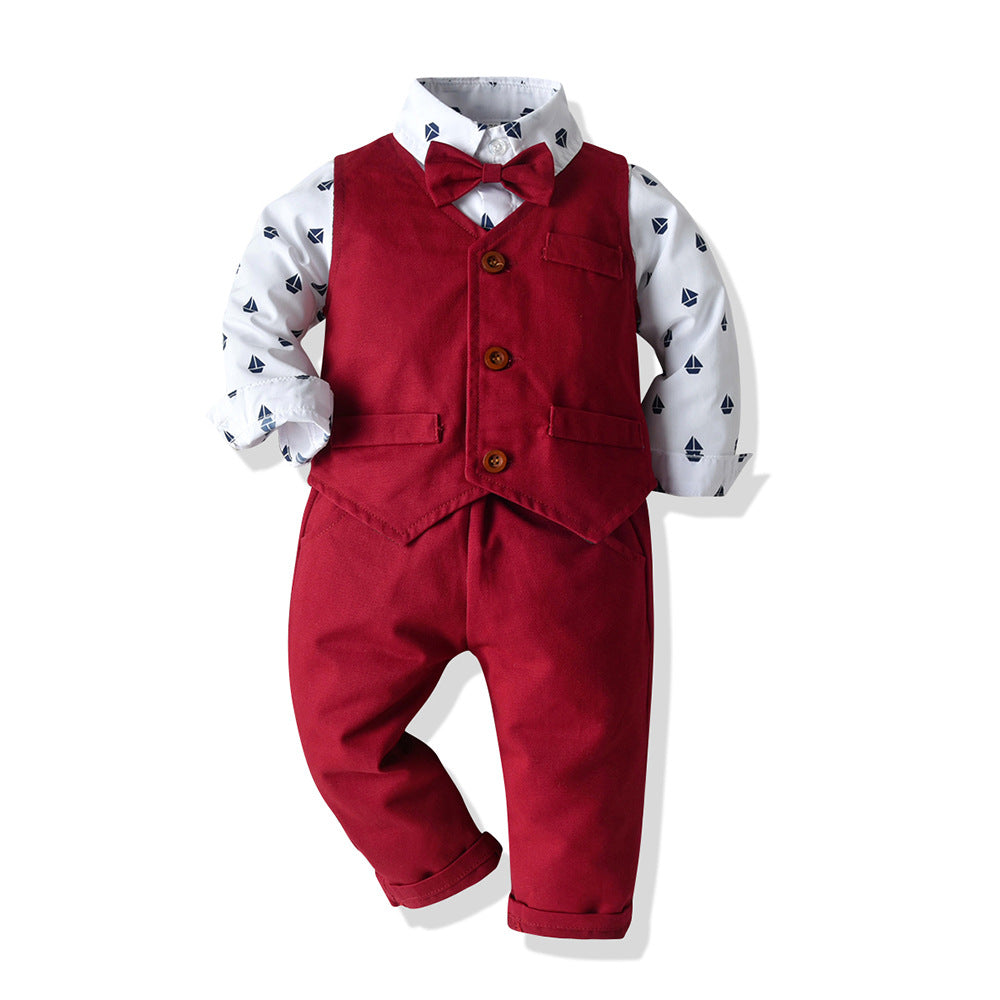 3 Pieces Set Baby Kid Boys Birthday Party Bow Print Shirts And Solid Color Vests Waistcoats And Pants Wholesale 23041130