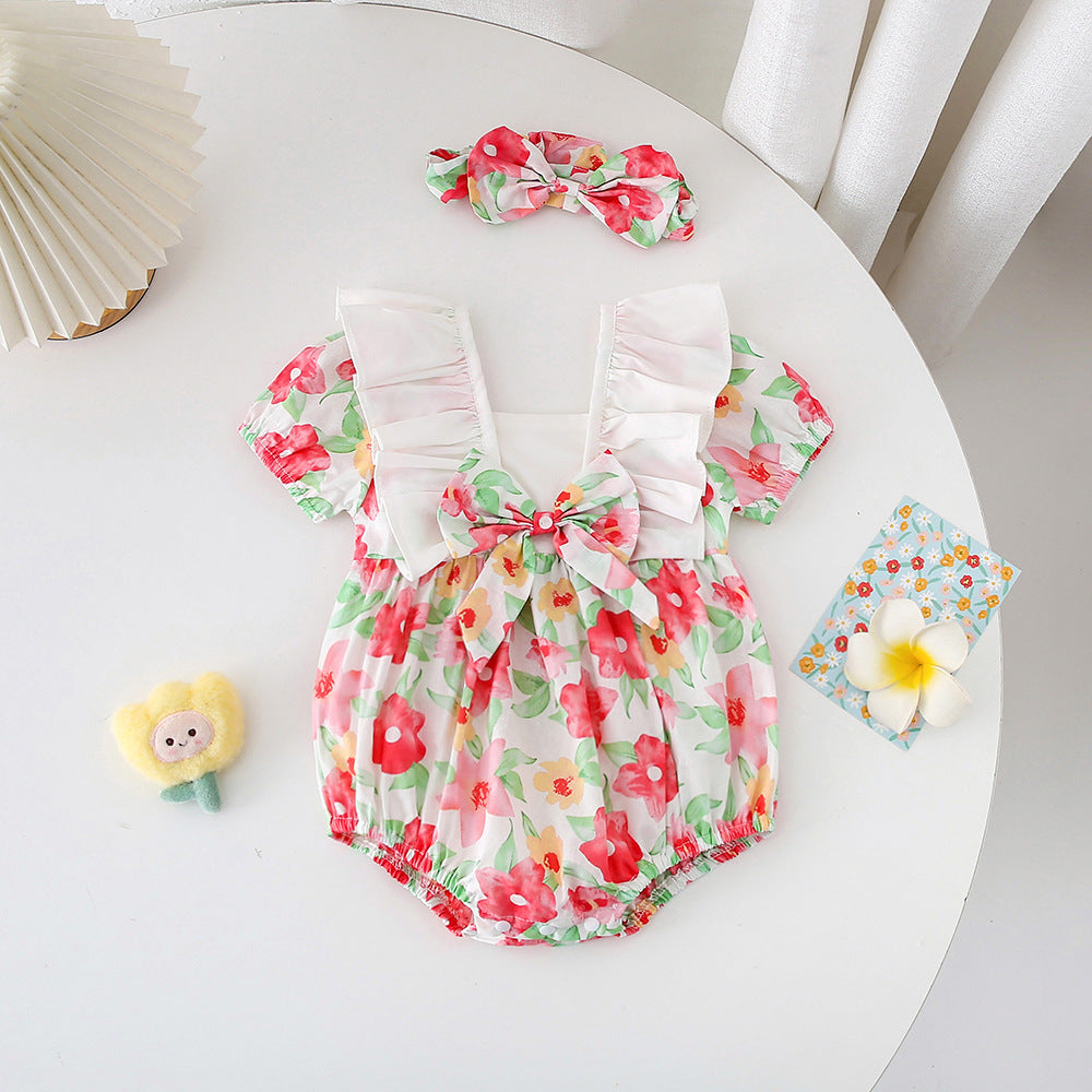 Baby Girls Flower Bow Print Rompers Wholesale 230411304