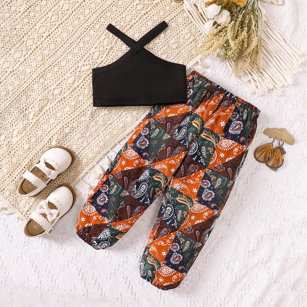 2 Pieces Set Baby Kid Girls Solid Color Print Tank Tops And Flower Pants Wholesale 230411338