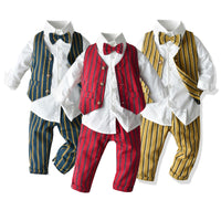 Load image into Gallery viewer, 3 Pieces Set Baby Kid Boys Birthday Party Solid Color Bow Shirts And Striped Vests Waistcoats And Pants Wholesale 23041137
