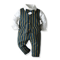 Load image into Gallery viewer, 3 Pieces Set Baby Kid Boys Birthday Party Solid Color Bow Shirts And Striped Vests Waistcoats And Pants Wholesale 23041137
