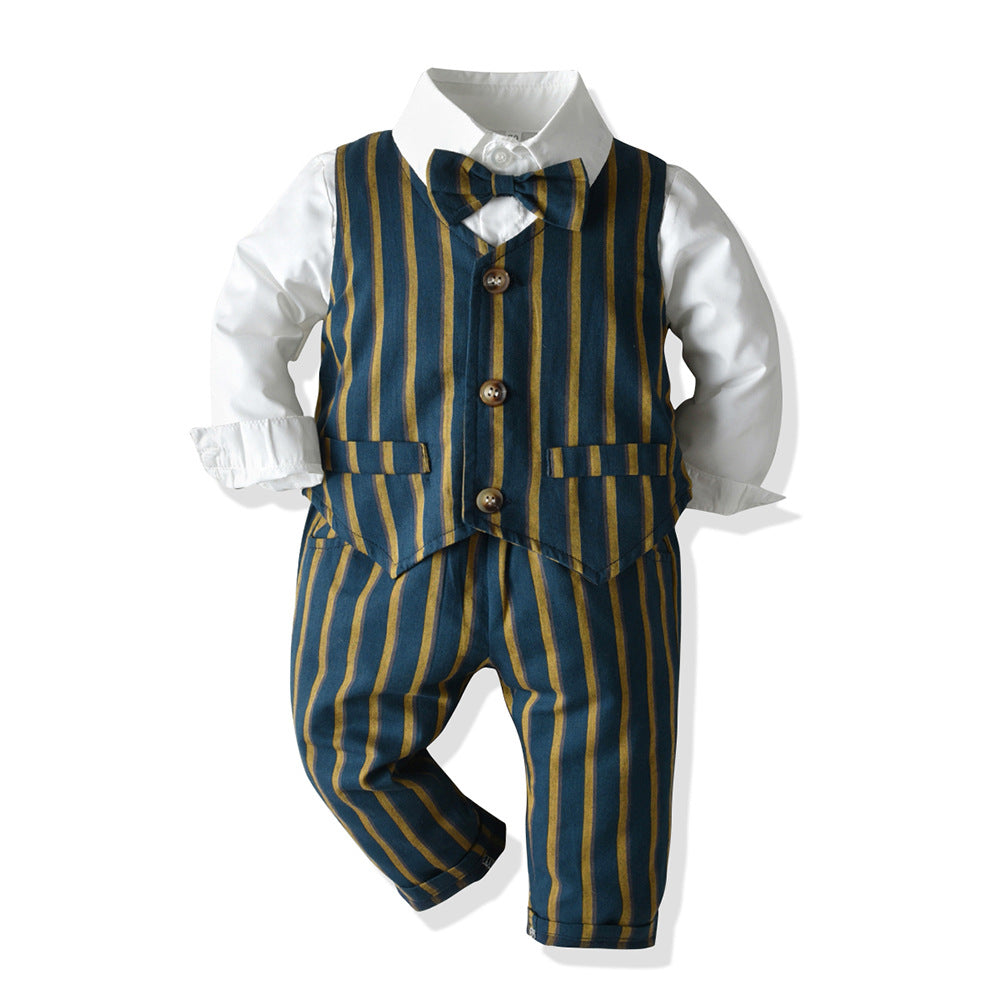 3 Pieces Set Baby Kid Boys Birthday Party Solid Color Bow Shirts And Striped Vests Waistcoats And Pants Wholesale 23041137
