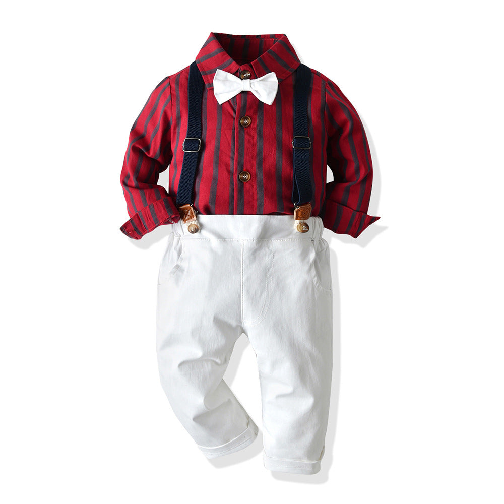 2 Pieces Set Baby Kid Boys Striped Bow Shirts And Solid Color Jumpsuits Wholesale 23041140