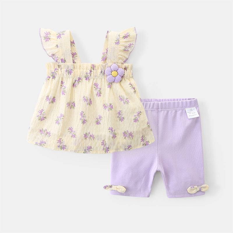 2 Pieces Set Baby Kid Girls Flower Print Tops  And Solid Color Bow Shorts Wholesale 230411405