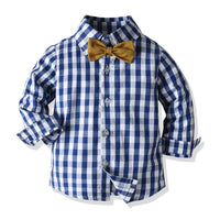 Load image into Gallery viewer, 2 Pieces Set Baby Kid Boys Checked Bow Shirts And Solid Color Pants Wholesale 23041146
