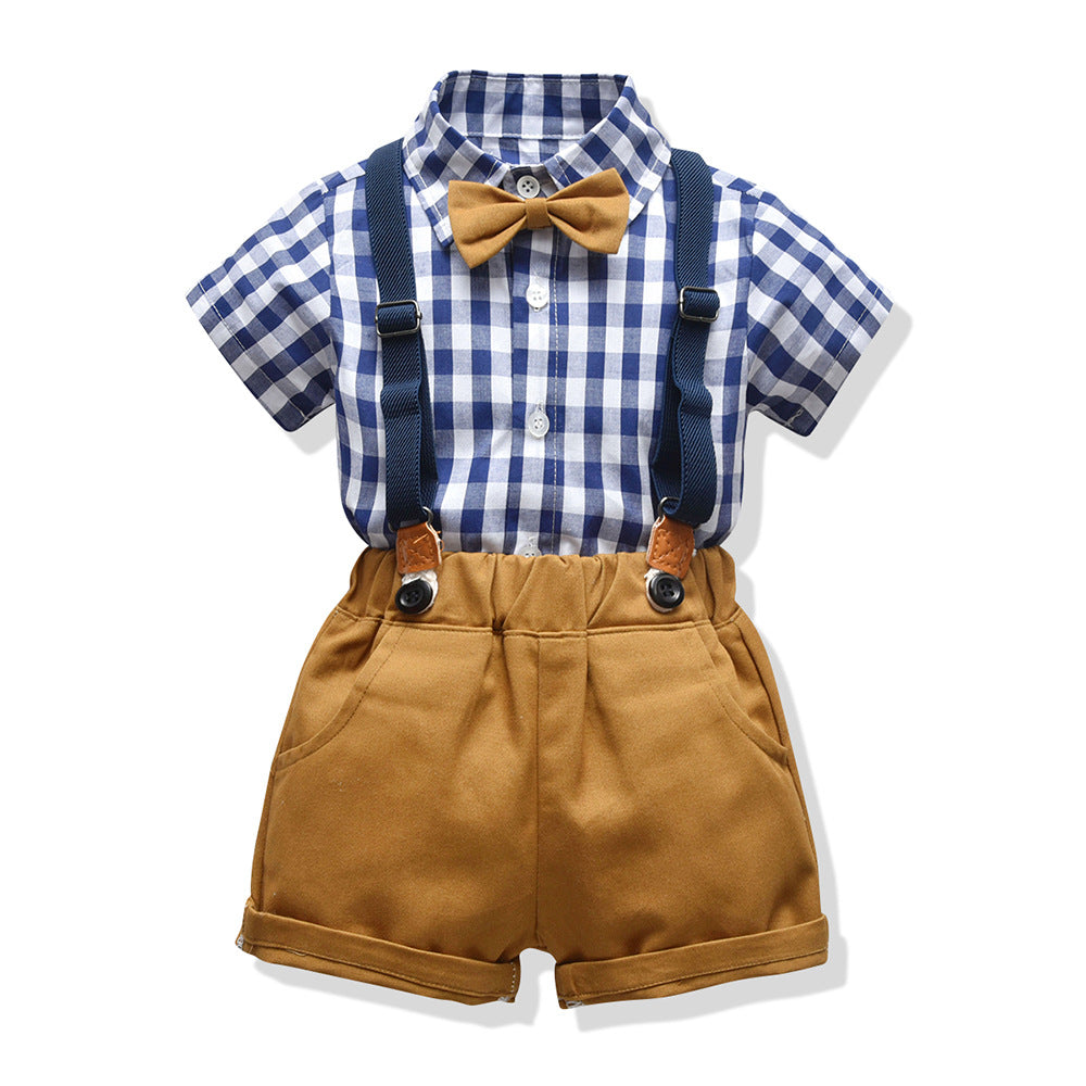 2 Pieces Set Baby Kid Boys Checked Bow Shirts And Solid Color Shorts Wholesale 23041150