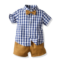 Load image into Gallery viewer, 2 Pieces Set Baby Kid Boys Checked Bow Shirts And Solid Color Shorts Wholesale 23041150
