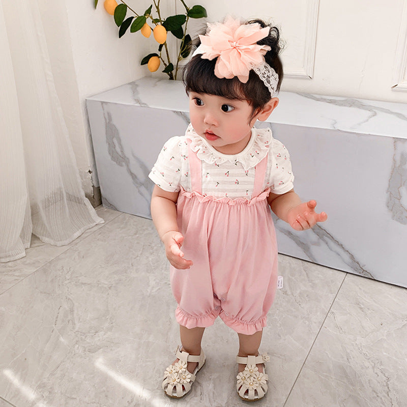 Baby Girls Color-blocking Flower Print Rompers Wholesale 23041154