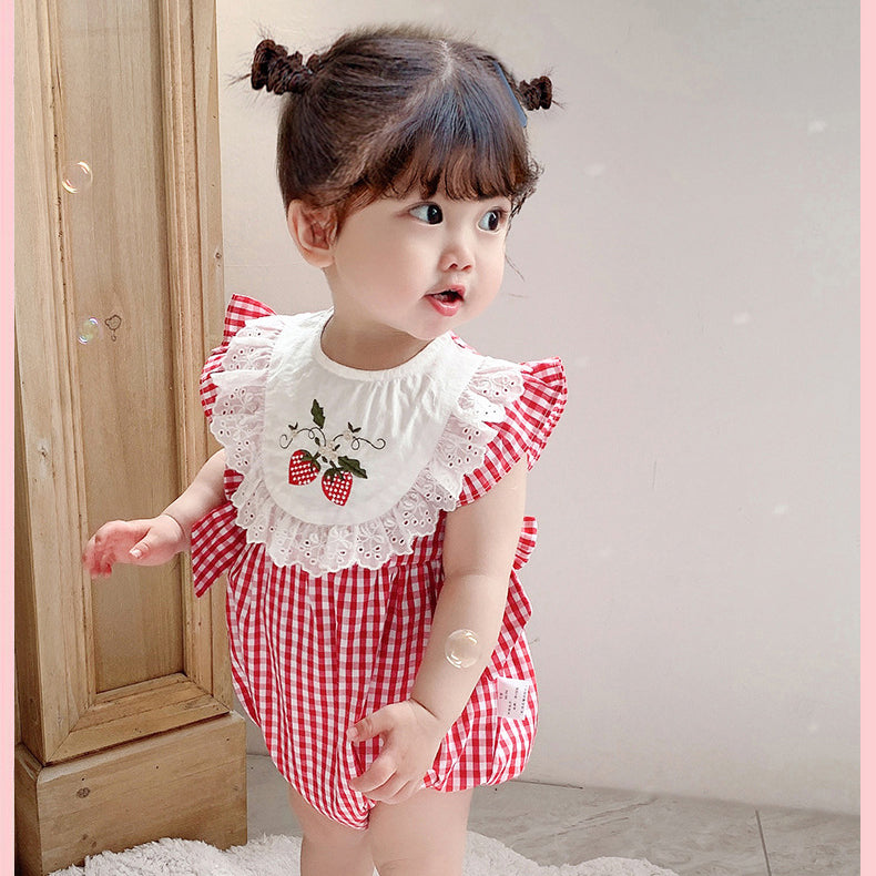 Baby Girls Fruit Checked Embroidered Rompers Wholesale 23041161