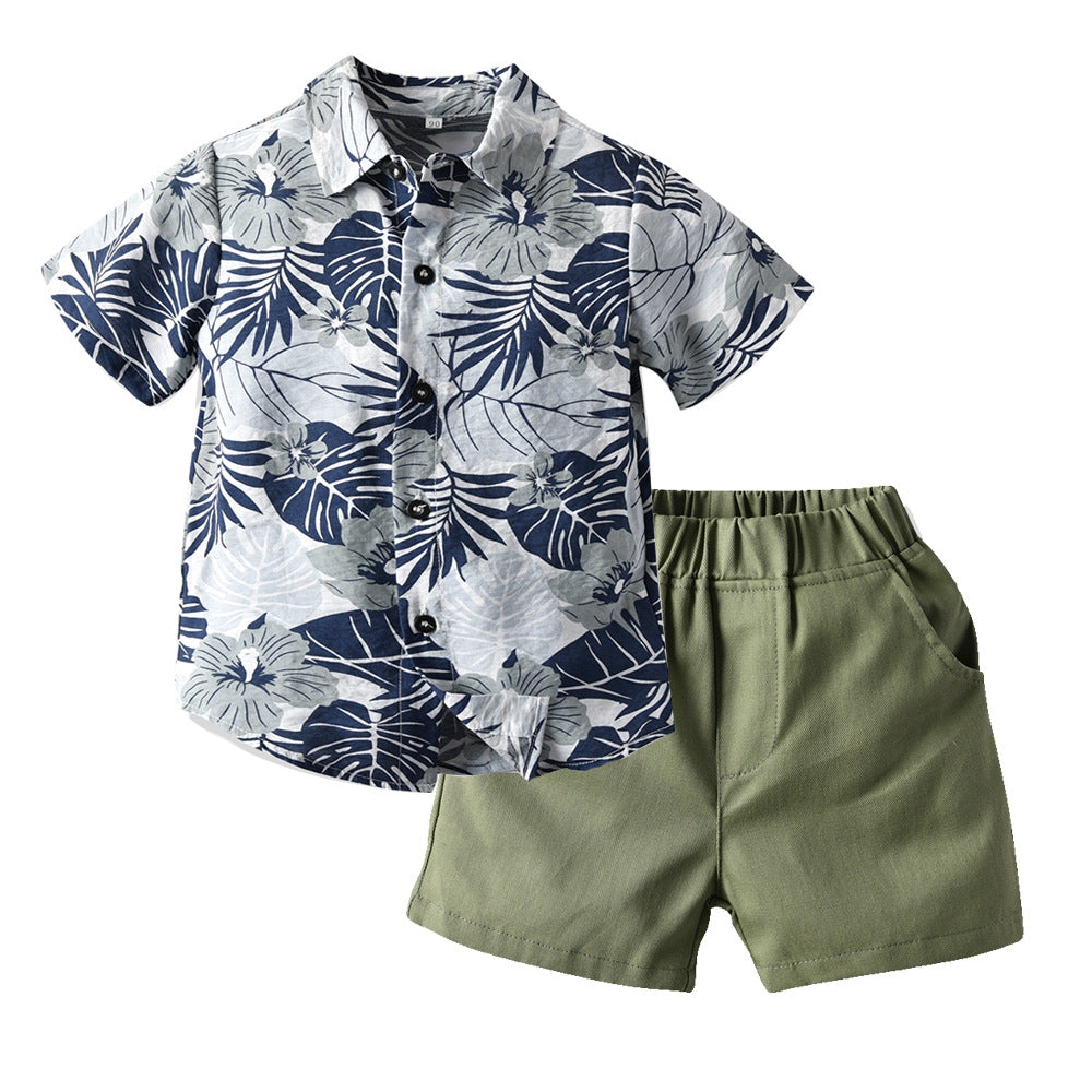 2 Pieces Set Baby Kid Boys Plant Print Shirts And Solid Color Shorts Wholesale 23041167