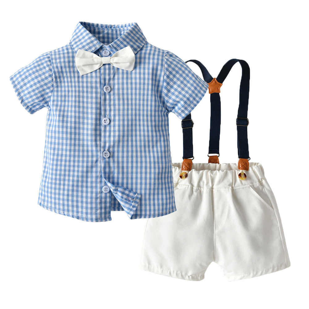 2 Pieces Set Baby Kid Boys Checked Bow Shirts And Solid Color Rompers Wholesale 23041168