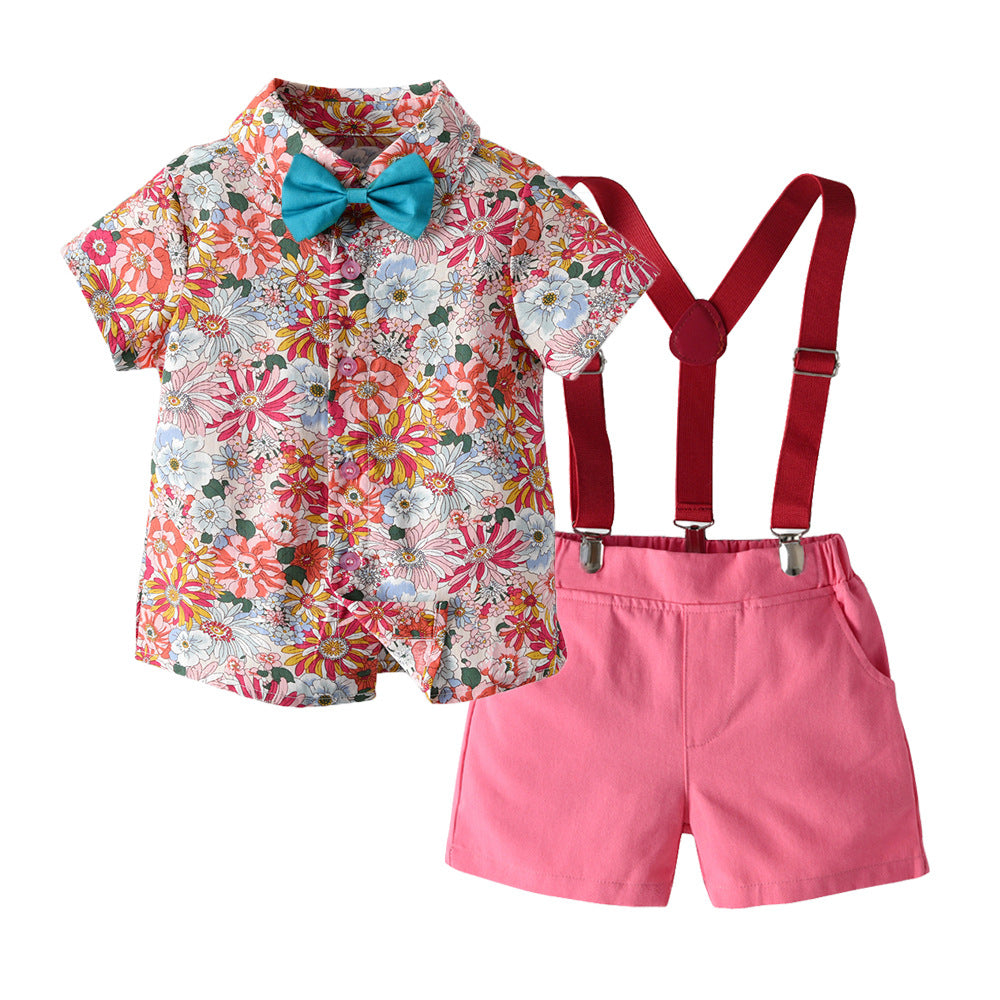 2 Pieces Set Baby Kid Boys Flower Print Tops And Solid Color Shorts Wholesale 23041169