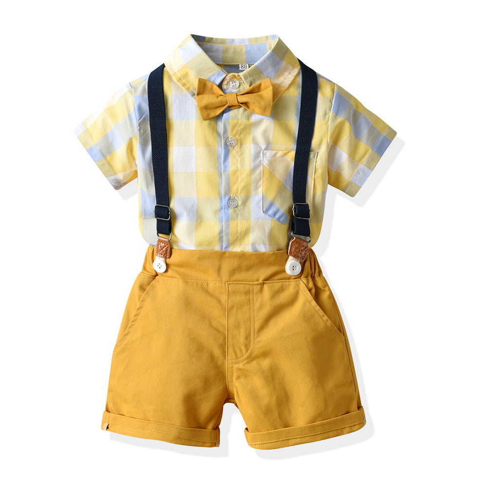 2 Pieces Set Baby Kid Boys Checked Bow Shirts And Solid Color Pants Wholesale 23041172