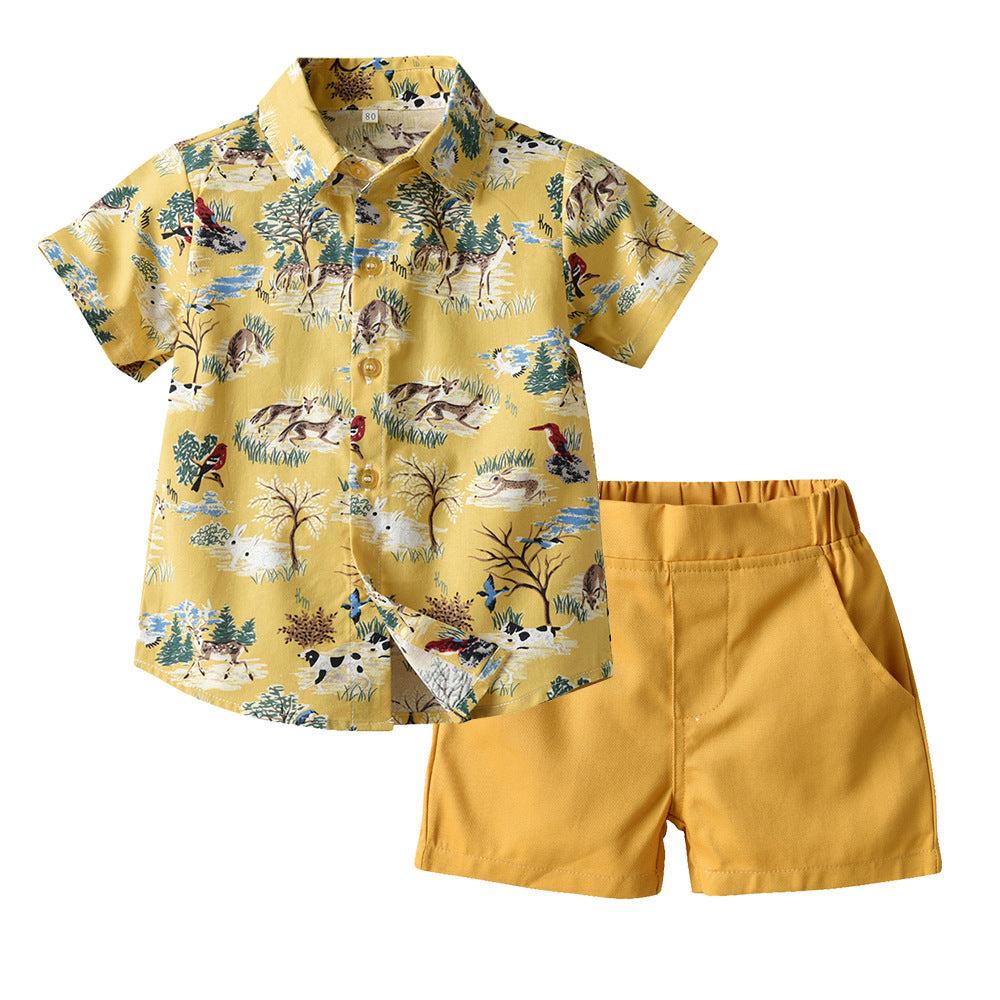 2 Pieces Set Baby Kid Boys Cartoon Print Shirts And Solid Color Shorts Wholesale 23041173