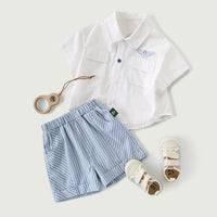 Load image into Gallery viewer, 2 Pieces Set Baby Kid Boys Letters Cartoon Print Shirts And Striped Shorts Wholesale 23041184
