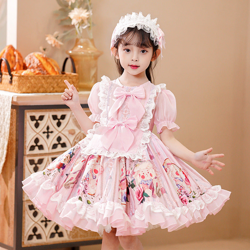 Kid Girls Cartoon Bow Print Birthday Dresses Princess Dresses Wholesale 230413389