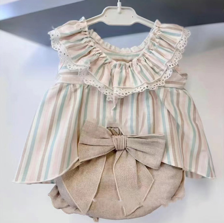 2 Pieces Set Baby Girls Striped Tops And Solid Color Bow Shorts Wholesale 230413394