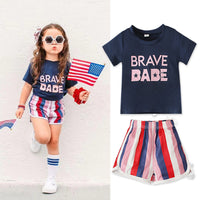 Load image into Gallery viewer, 2 Pieces Set Baby Kid Girls Independence Day Letters Print T-Shirts And Color-blocking Shorts Wholesale 23053104
