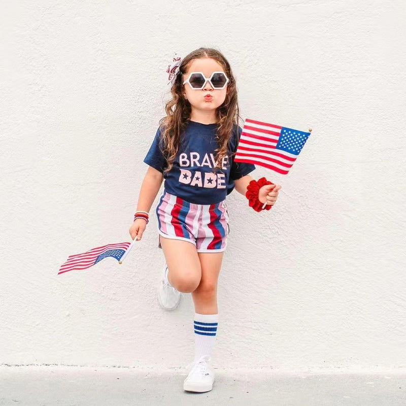 2 Pieces Set Baby Kid Girls Independence Day Letters Print T-Shirts And Color-blocking Shorts Wholesale 23053104
