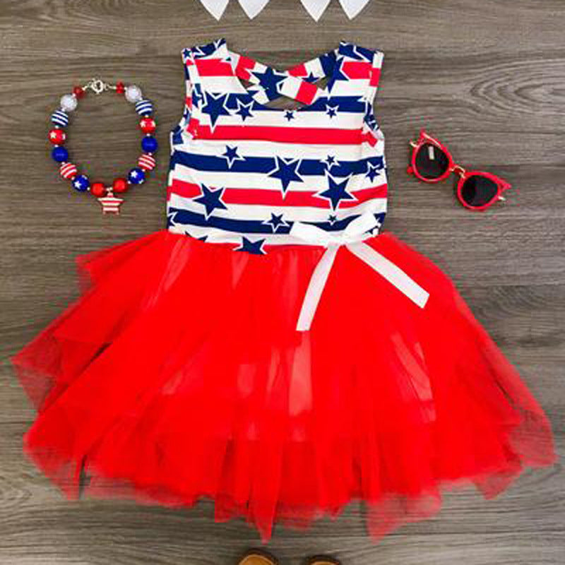 Baby Kid Girls Striped Star Independence Day Dresses Wholesale 23053105