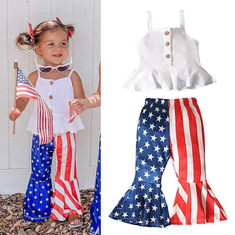 2 Pieces Set Baby Kid Girls Independence Day Solid Color Print Tank Tops And Star Pants Wholesale 23053106