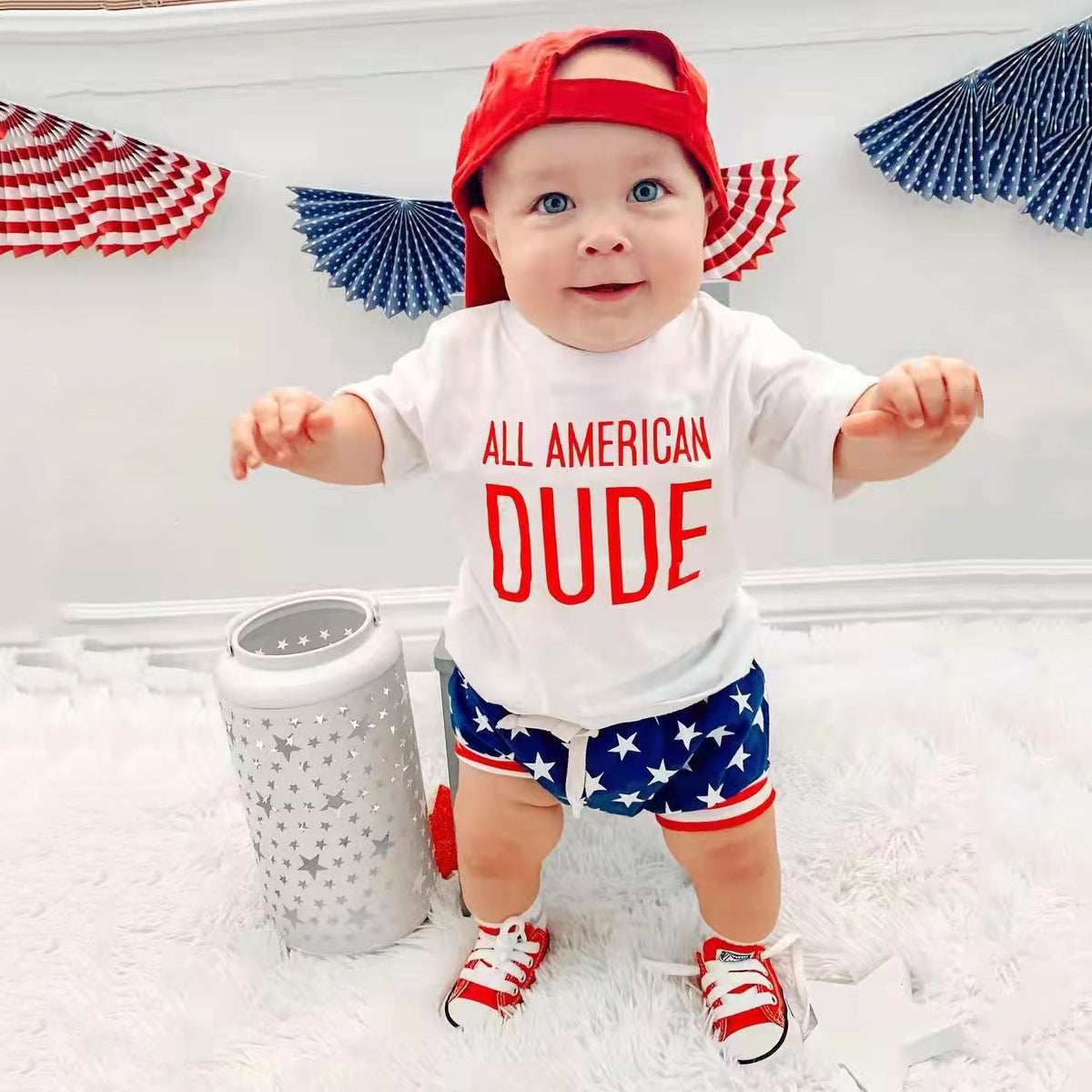 2 Pieces Set Baby Kid Boys Independence Day Letters Print T-Shirts And Star Shorts Wholesale 23053108