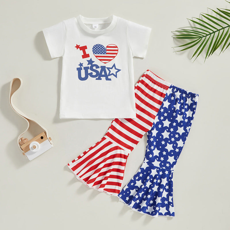 2 Pieces Set Baby Kid Girls Independence Day Letters Print T-Shirts And Color-blocking Pants Wholesale 23053112