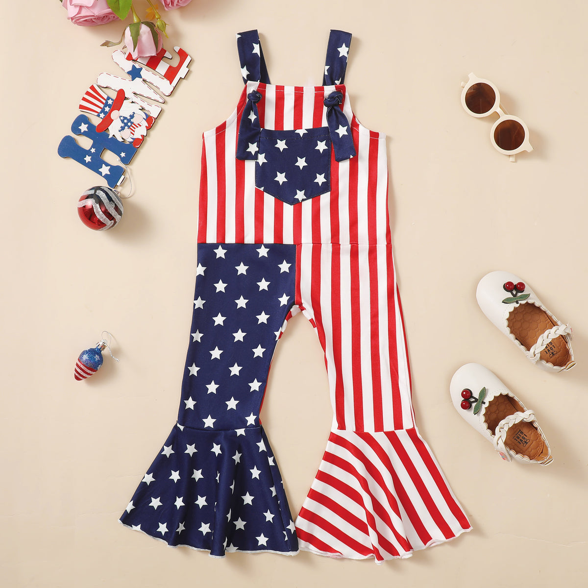 Baby Kid Girls Striped Star Print Independence Day Jumpsuits Wholesale 23053116