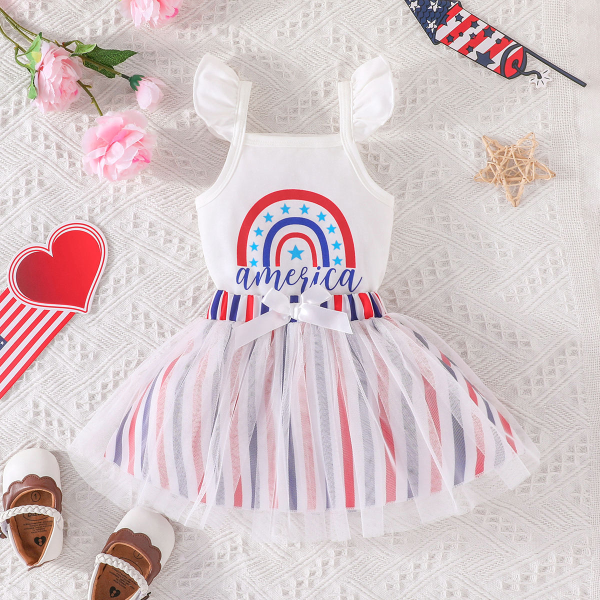 2 Pieces Set Baby Kid Girls Independence Day Rainbow Star Print Rompers And Striped Skirts Wholesale 23053125