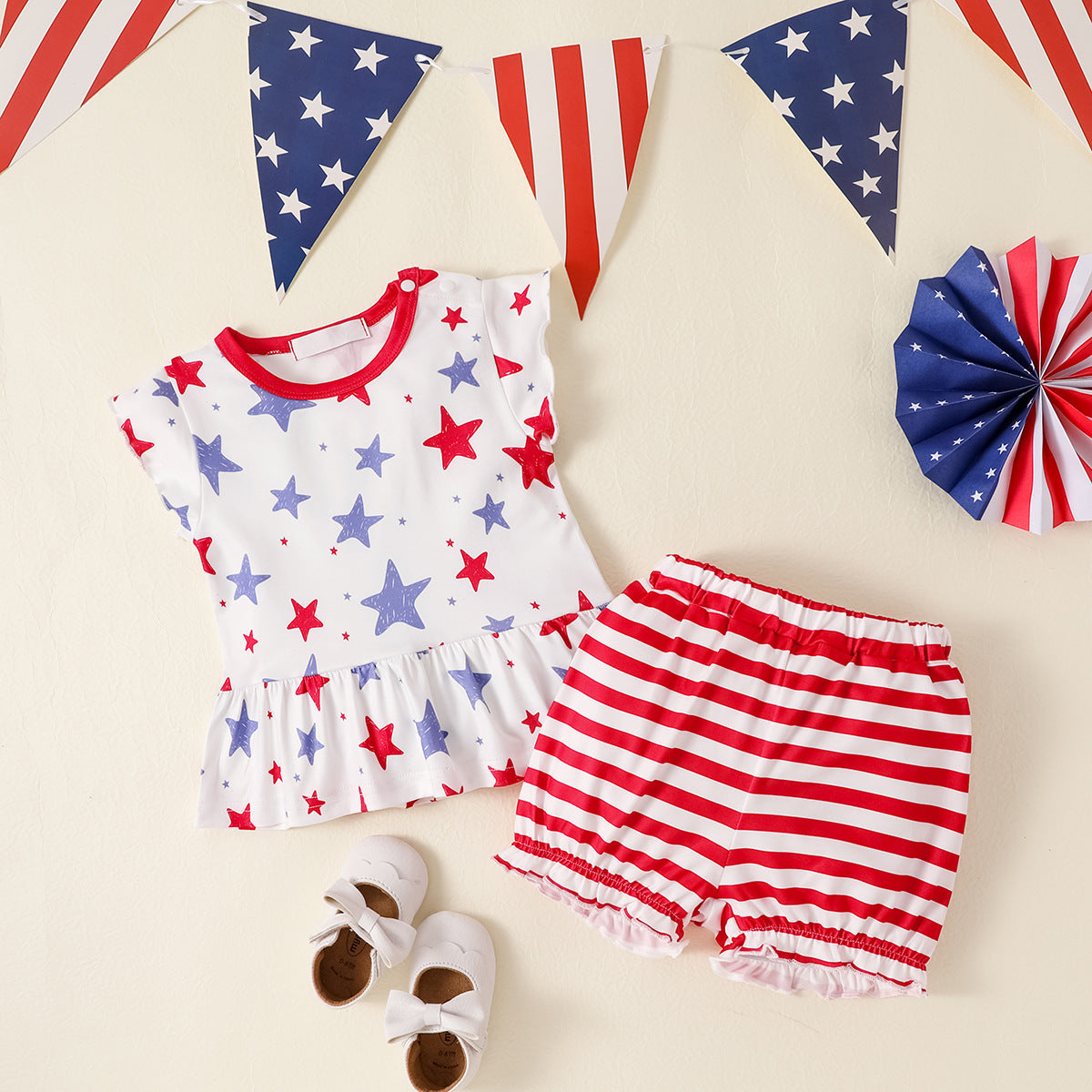 2 Pieces Set Baby Girls Independence Day Star Tank Tops And Striped Shorts Wholesale 23053126