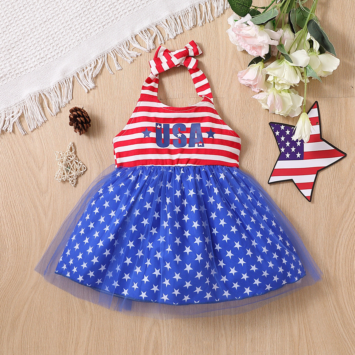 Baby Kid Girls Letters Star Print Independence Day Dresses Wholesale 23053129