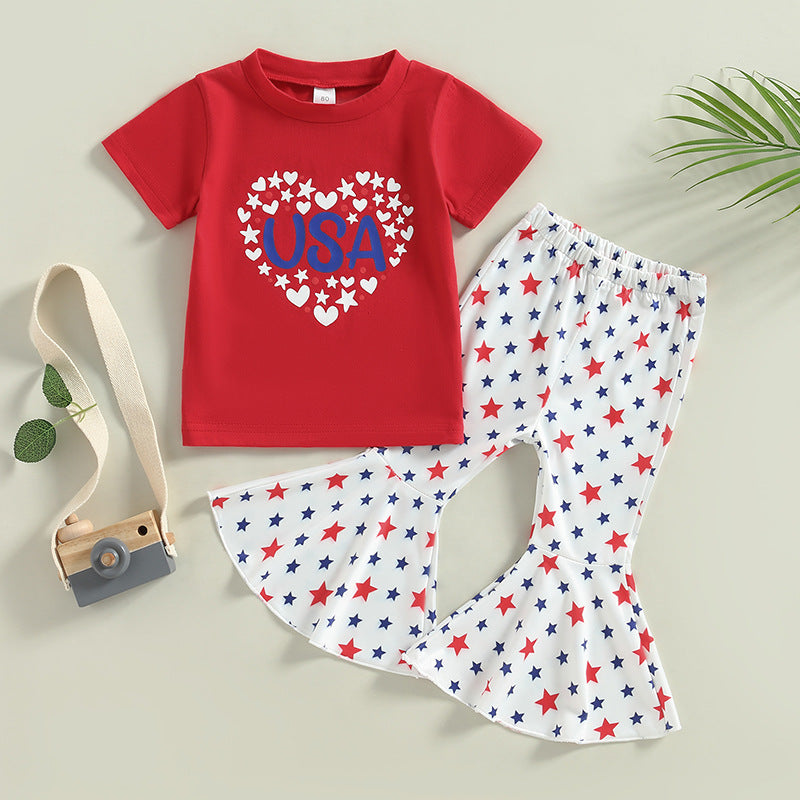 2 Pieces Set Baby Kid Girls Independence Day Letters Print T-Shirts And Star Pants Wholesale 23053132