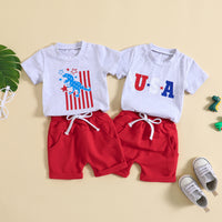 Load image into Gallery viewer, 2 Pieces Set Baby Kid Boys Independence Day Letters Dinosaur Print T-Shirts And Solid Color Shorts Wholesale 23053133
