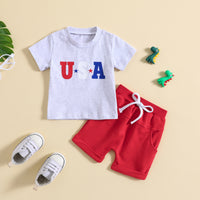 Load image into Gallery viewer, 2 Pieces Set Baby Kid Boys Independence Day Letters Dinosaur Print T-Shirts And Solid Color Shorts Wholesale 23053133
