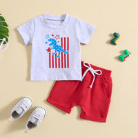 Load image into Gallery viewer, 2 Pieces Set Baby Kid Boys Independence Day Letters Dinosaur Print T-Shirts And Solid Color Shorts Wholesale 23053133
