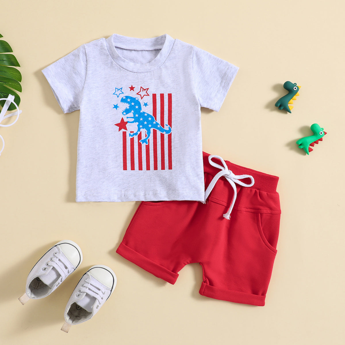 2 Pieces Set Baby Kid Boys Independence Day Letters Dinosaur Print T-Shirts And Solid Color Shorts Wholesale 23053133