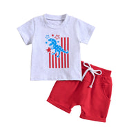 Load image into Gallery viewer, 2 Pieces Set Baby Kid Boys Independence Day Letters Dinosaur Print T-Shirts And Solid Color Shorts Wholesale 23053133
