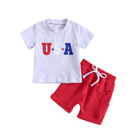 Load image into Gallery viewer, 2 Pieces Set Baby Kid Boys Independence Day Letters Dinosaur Print T-Shirts And Solid Color Shorts Wholesale 23053133
